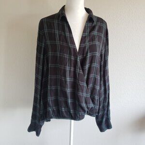 Madewell Blouse Shirt XXL Green Black Plaid Crossover Front Long Sleeve